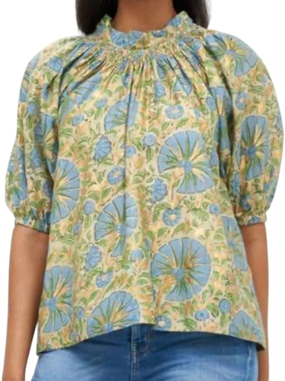 Oliphant Smocked Neck Top-Ankara Blue